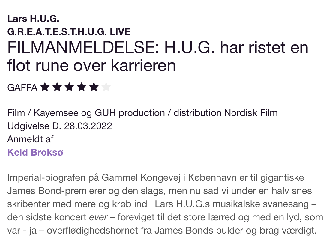 ⭐️⭐️⭐️⭐️⭐️ Gaffa har anmeldt L.A.R.S.T. H.U.G. VEGA Koncert filmen