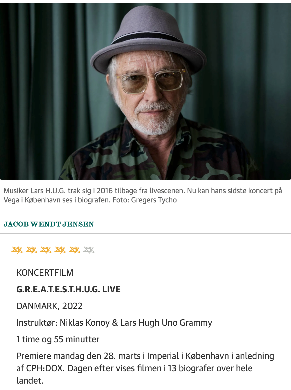 ⭐️⭐️⭐️⭐️⭐️ Jyllands-Posten af anmeldt L.A.R.S.T. H.U.G. VEGA Koncert-film